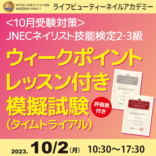 〈10月受験対策〉ネイリスト技能検定2.3級ウィークポイントレッスン付き模擬試験(タイムトライアル)