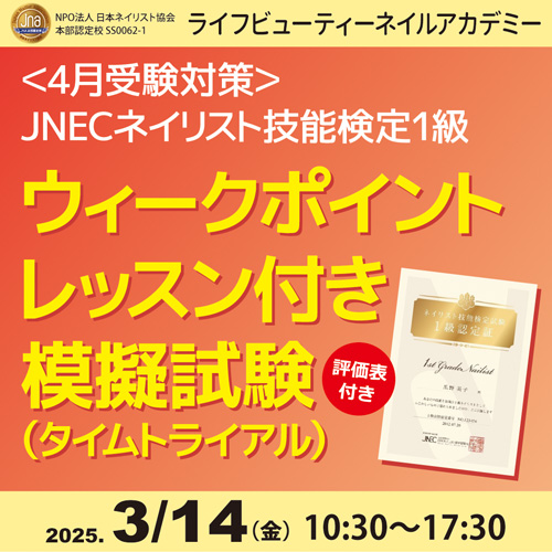 〈4月受験対策〉ネイリスト技能検定1級 ウィークポイントレッスン付き 模擬試験(タイムトライアル)