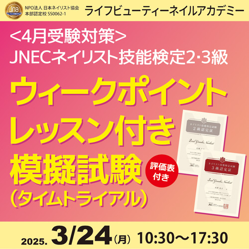 〈4月受験対応〉ネイリスト技能検定2級3級ウィークポイントレッスン付き模擬試験(タイムトライアル)