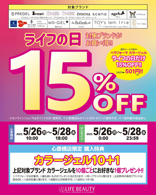 対象ブランドが１５％ＯＦＦになるライフの日