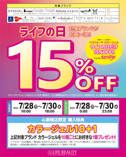 対象ブランドが１５％ＯＦＦになるライフの日